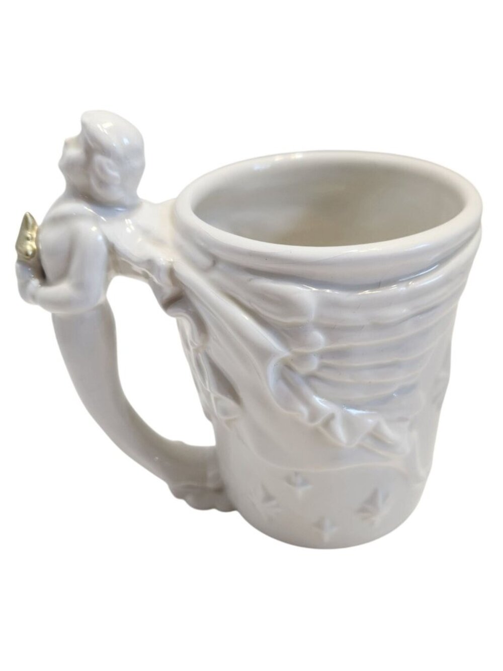Angel Handle Ceramic Mug With Gold Accent Embossed Design Made In Taiwan White 1